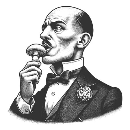 Funny man in formalwear holding a mushroom near his mouth sketch engraving fictional character raster illustration. Scratch board imitation. Black and white image.の写真素材