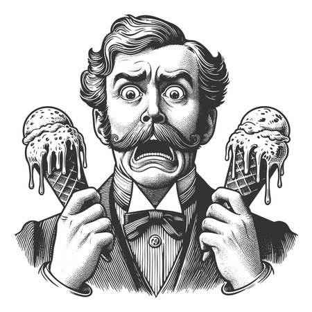 Funny gentleman looking horrified while holding two melting ice cream cones sketch engraving fictional character raster illustration. Scratch board imitation. Black and white image.の写真素材