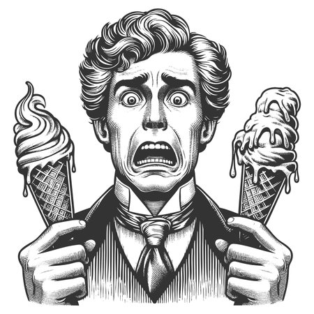 Funny gentleman looking horrified while holding two melting ice cream cones sketch engraving fictional character raster illustration. Scratch board imitation. Black and white image.の写真素材