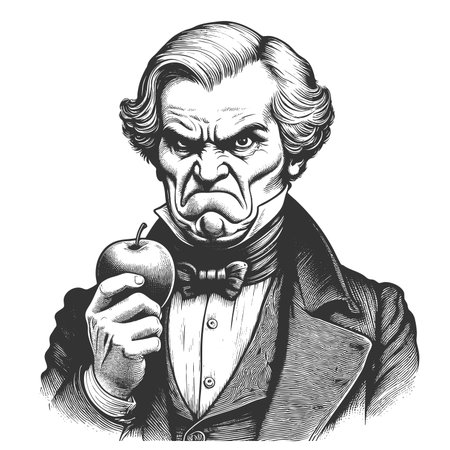 furious man in old-fashioned clothing, sternly gripping an apple with intense expression sketch engraving fictional character raster illustration. Scratch board. Black and white image.の写真素材