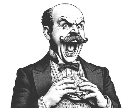 mustached man in a suit enthusiastically holding a burger, expressing intense excitement and joy sketch engraving fictional character raster illustration. Scratch board. Black and white.の写真素材