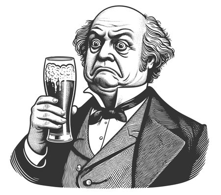Funny skeptical-looking man inspecting a full pint of beer with exaggerated suspicion sketch engraving fictional character raster illustration. Scratch board imitation. Black and white.の写真素材