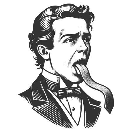 Funny Victorian gentleman with a necktie emerging from his mouth in place of a tongue sketch engraving fictional character raster illustration. Scratch board. Black and white image.の写真素材