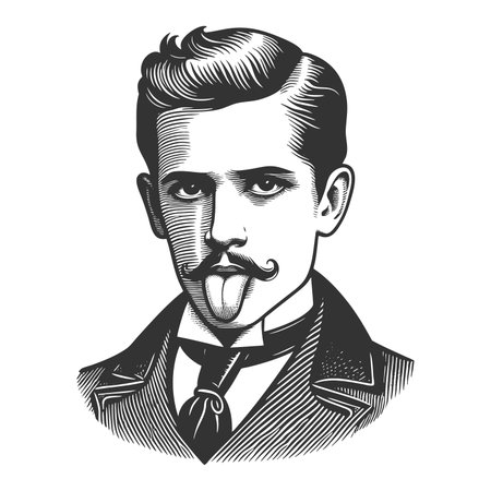 young man pulling at his bow tie and sticking out his tongue defiantly sketch engraving fictional...