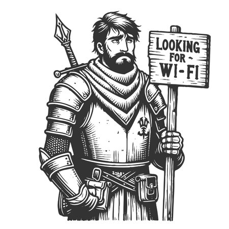 armored knight humorously holding a modern sign that reads Looking for Wi-Fi sketch engraving fictional character raster illustration. Scratch board imitation. Black and white.の写真素材