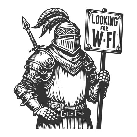 armored knight humorously holding a modern sign that reads Looking for Wi-Fi sketch engraving fictional character raster illustration. Scratch board imitation. Black and white.の写真素材