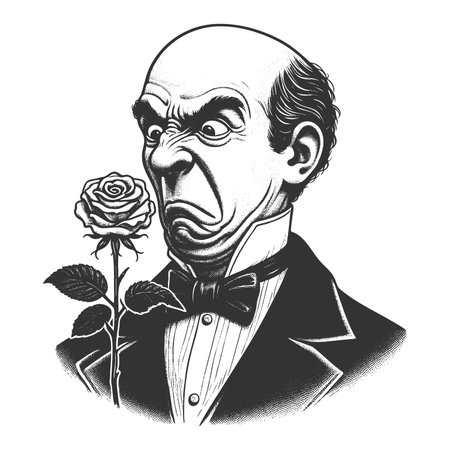Funny Victorian gentleman making a repulsed face while staring at a single blooming rose sketch engraving fictional character raster illustration. Scratch board. Black and white image.の写真素材