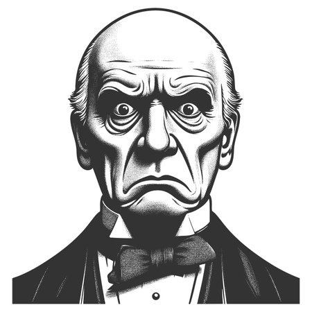 Funny serious bald elderly man with a piercing stare and a bow tie, exuding authority sketch engraving fictional character raster illustration. Scratch board. Black and white image.の写真素材