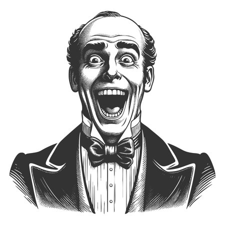 Funny bald man in formal clothing, laughing loudly with a wide open mouth and expressive joy sketch engraving fictional character raster illustration. Scratch board. Black and white.の写真素材