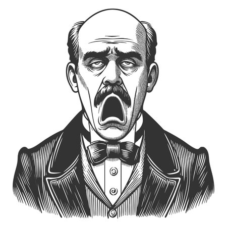 Funny tired Victorian-era man yawning widely, wearing a formal suit and bow tie sketch engraving fictional character raster illustration. Scratch board imitation. Black and white image.の写真素材