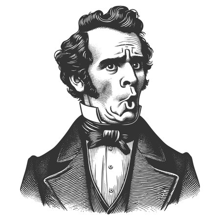 Funny shocked Victorian gentleman, exaggerated wide eyes and open mouth expression of surprise sketch engraving fictional character raster illustration. Scratch board. Black and white.の写真素材