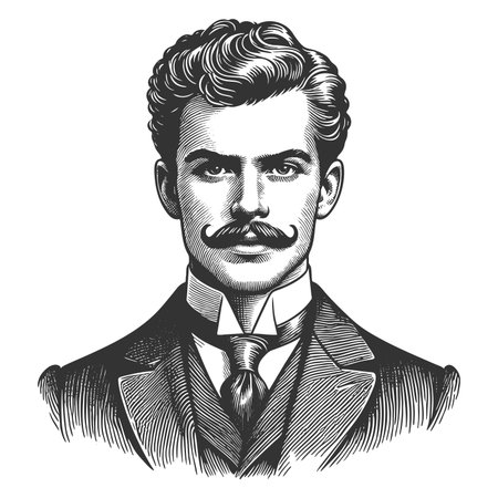 Victorian man with mustache and goatee in classic formal suit and tie sketch engraving fictional...