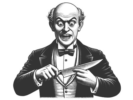 Funny wild-eyed Victorian gentleman gripping a large kitchen knife with intense and unsettling enthusiasm sketch engraving fictional character raster illustration. Black and white.の写真素材
