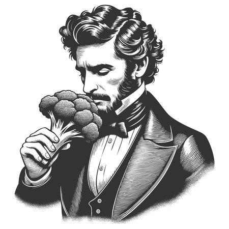 Funny gentleman thoughtfully smelling a bunch of broccoli, combining elegance with absurdity sketch engraving fictional character raster illustration. Scratch board. Black and white.の写真素材