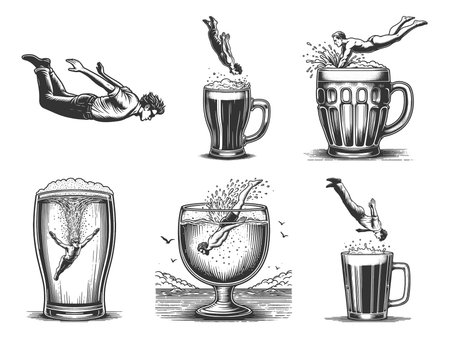 Man diving into glasses and mugs of beer Set collection bundle sketch engraving raster illustration. Scratch board imitation. Black and white image.の写真素材