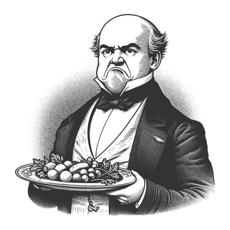 Funny angry man glaring at a plate of vegetables and fruits, expressing strong dislike or disapproval sketch engraving fictional character raster illustration. Scratch. Black and white.の写真素材