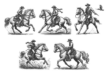 cowboys on horseback, classic Western themes, rugged motion, frontier spirit Set collection bundle sketch engraving raster illustration. Scratch board imitation. Black and white image.の写真素材