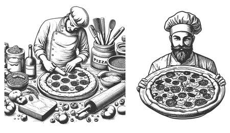 Pizza Chef Set collection bundle sketch engraving raster illustration. Scratch board imitation. Black and white image.の写真素材