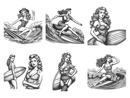 pin-up girl surfing scenes, retro fashion, and nostalgic summer beach vibes Set collection bundle sketch engraving raster illustration. Scratch board imitation. Black and white image.の写真素材