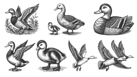 duck and duckling Set collection bundle sketch engraving raster illustration. Scratch board imitation. Black and white image.の写真素材