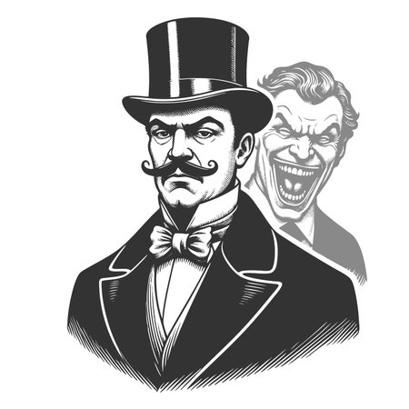 stern man in a top hat and bow tie, contrasted by a shadowy laughing figure behind him, symbolizing duality sketch engraving fictional character raster. Scratch board. Black and white.の写真素材