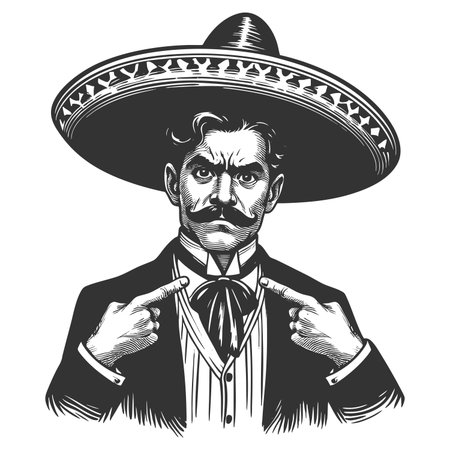 man in a large sombrero, dramatically pointing at his curled mustache with intensity sketch engraving fictional character raster illustration. Scratch board imitation. Black and white.の写真素材