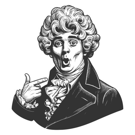 shocked man in elaborate curly wig and 18th-century attire, pointing at himself in disbelief sketch engraving fictional character raster illustration. Scratch board. Black and white.の写真素材