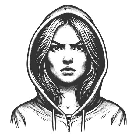 determined young woman wearing a hoodie, staring intensely with a confident and serious gaze sketch engraving fictional character raster illustration. Scratch board. Black and white.の写真素材