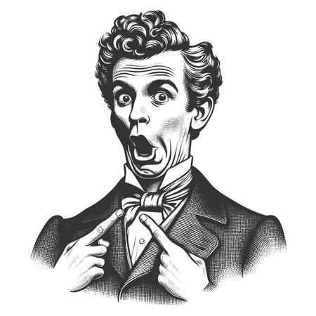 wide-eyed man in formal attire, shocked expression while pointing at his large bow tie sketch engraving fictional character raster illustration. Scratch board. Black and white.の写真素材