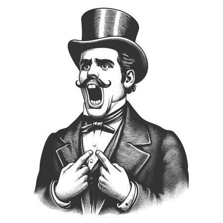 man in a top hat and bow tie with a surprised expression, pointing dramatically at himself sketch engraving fictional character raster illustration. Scratch board. Black and white image.の写真素材