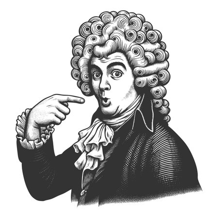 shocked man in elaborate curly wig and 18th-century attire, pointing at himself in disbelief sketch engraving fictional character raster illustration. Scratch board. Black and white.の写真素材