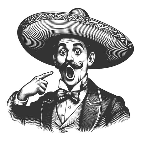 surprised man wearing a large sombrero and formal suit, dramatically pointing at his face sketch engraving fictional character raster illustration. Scratch board. Black and white image.の写真素材
