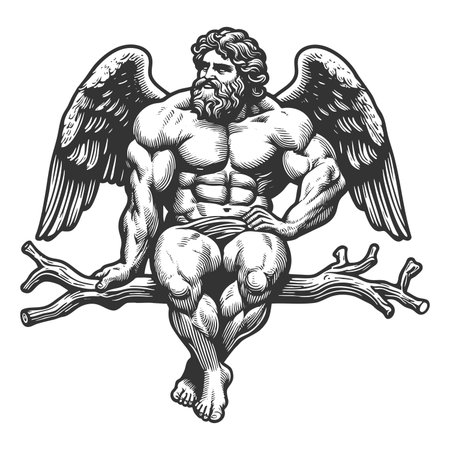 strong, bearded, winged man with a stoic pose sitting calmly on a tree branch sketch engraving fictional character raster illustration. Scratch board imitation. Black and white image.の写真素材
