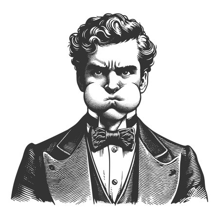 man with puffed cheeks, appearing to hold his breath with a serious expression sketch engraving fictional character raster illustration. Scratch board imitation. Black and white image.の写真素材