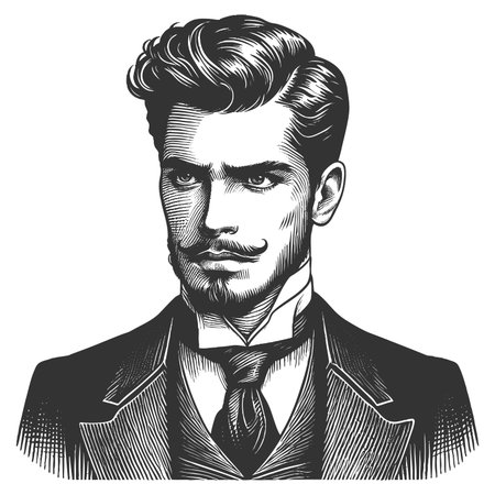 Victorian man in formal attire with a serious expression and detled facial hr sketch engraving fictional character raster illustration. Scratch board imitation. Black and white imageの写真素材