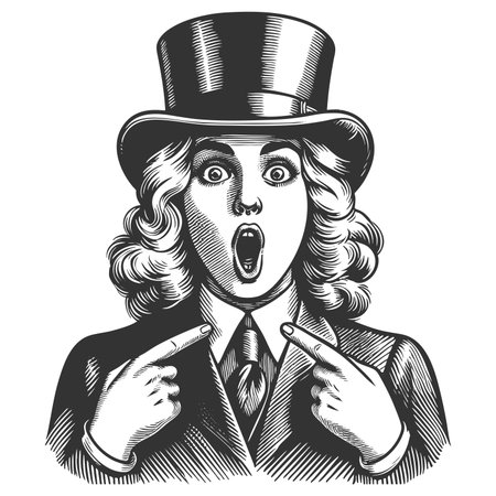 shocked woman in vintage suit and top hat, pointing at herself with wide-eyed surprise sketch engraving fictional character raster illustration. Scratch board. Black and white image.の写真素材