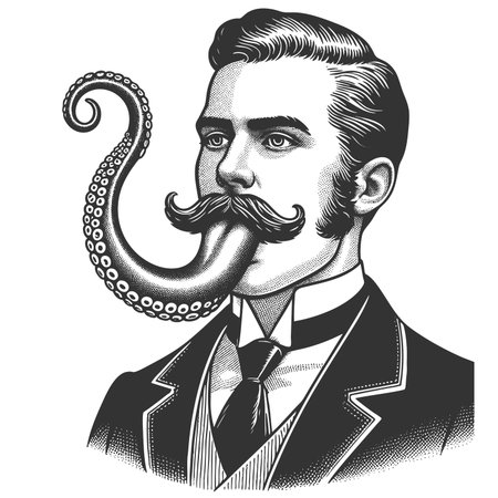 man with a tentacle instead of a tongue, creating a surreal and bizarre effect sketch engraving fictional character raster illustration. Scratch board imitation. Black and white image.の写真素材