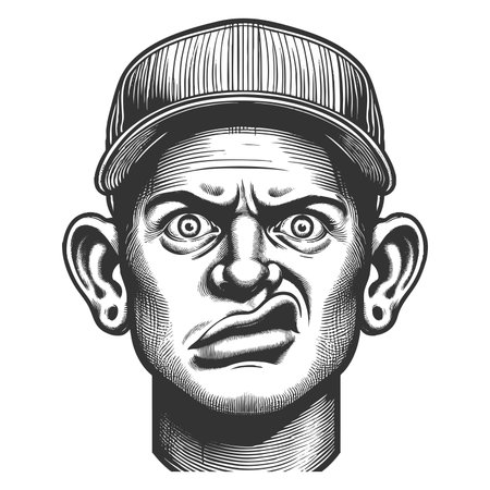 man wearing a cap and making a puzzled, exaggerated facial expression with wide eyes sketch engraving fictional character raster illustration. Scratch board. Black and white image.の写真素材