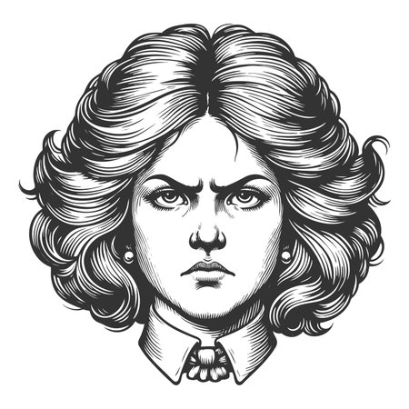 stern-faced woman with voluminous, wavy hr and a bold, intense expression in vintage style sketch engraving fictional character raster illustration. Scratch board. Black and white.の写真素材