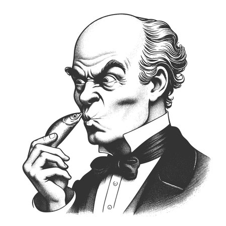 Funny man with a large nose staring curiously at a tiny fish held near his face sketch engraving fictional character raster illustration. Scratch board imitation. Black and white image.の写真素材