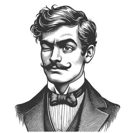 Funny Victorian man in formal attire giving a sly wink with a curled mustache and bow tie sketch engraving fictional character raster illustration. Scratch board. Black and white image.の写真素材