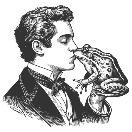 man in formal attire kissing a frog, referencing the classic fry tale transformation myth sketch engraving fictional character raster illustration. Scratch board. Black and white.の写真素材
