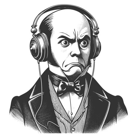 Victorian gentleman in formal attire, humorously wearing modern headphones with a shocked expression sketch engraving fictional character raster. Scratch board. Black and white.の写真素材