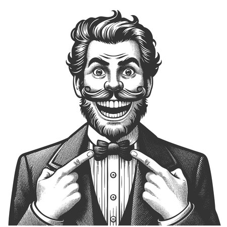 cheerful, mustached man in vintage attire, grinning widely while pointing proudly at his bow tie sketch engraving fictional character raster illustration. Scratch board. Black and white.の写真素材
