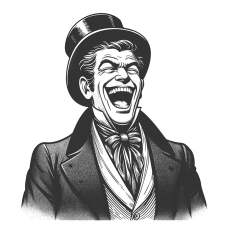 sinister man with a wide grin, top hat, and exaggerated features in formal attire sketch engraving fictional character raster illustration. Scratch board imitation. Black and white.の写真素材