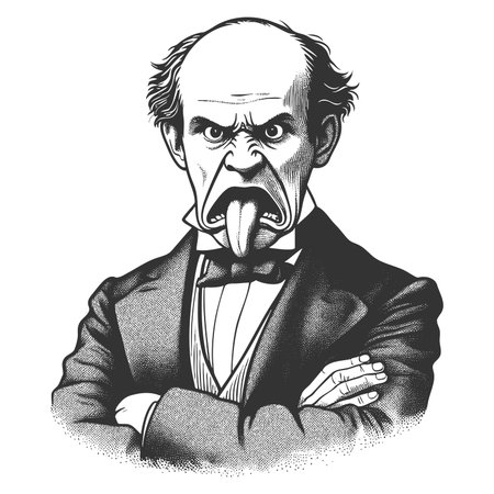furious man in formal attire, crossing arms and sticking out tongue in defiance sketch engraving fictional character raster illustration. Scratch board imitation. Black and white image.の写真素材