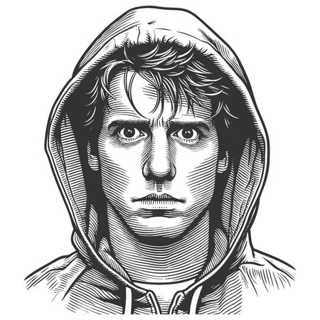 focused young man wearing a hooded sweatshirt, staring intensely with a solemn expression sketch engraving fictional character raster illustration. Scratch board. Black and white image.の写真素材