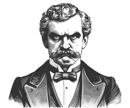 serious Victorian gentleman with a thick mustache, bow tie, and piercing, intimidating expression sketch engraving fictional character raster illustration. Scratch board. Black and whiteの写真素材