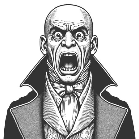 bald Victorian man screaming in horror, with wide eyes and a formal coat sketch engraving fictional character raster illustration. Scratch board imitation. Black and white image.の写真素材