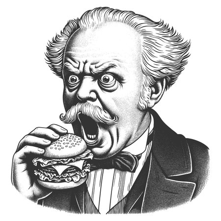 shocked Victorian gentleman about to eat a large hamburger with dramatic expression sketch engraving fictional character raster illustration. Scratch board. Black and white image.の写真素材
